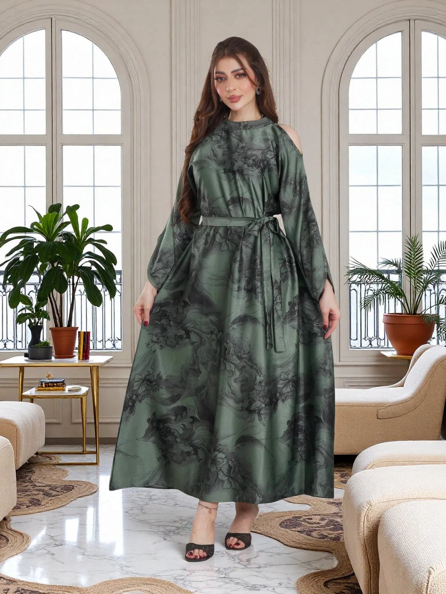 Finelook Luxury Floral Maxi Dress – Modest Long Sleeve Belted Evening Dress
