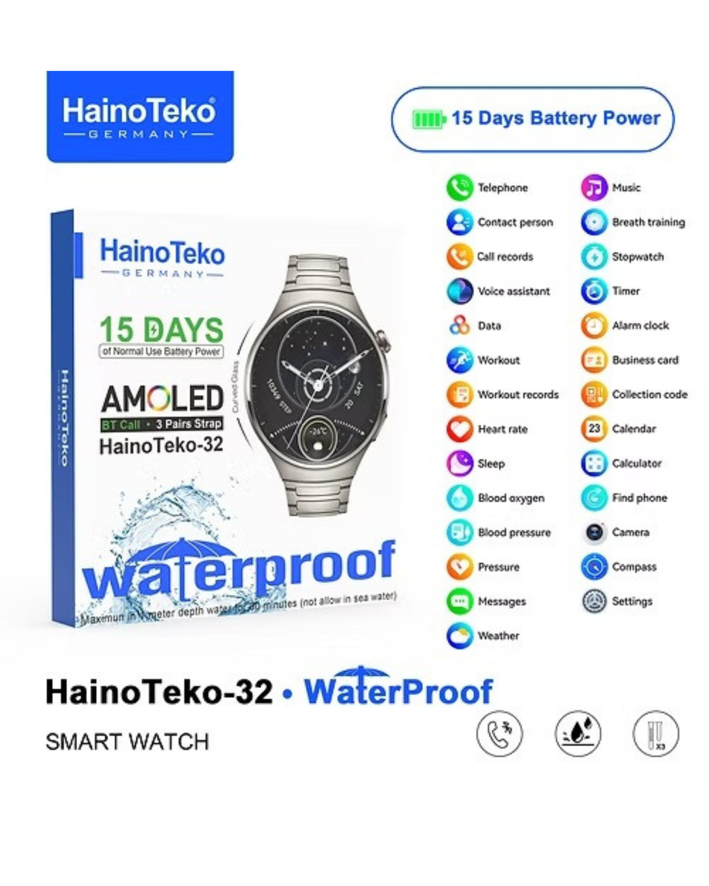 Haino Teko 32 Curved Glass Round Watch with long battery Life
